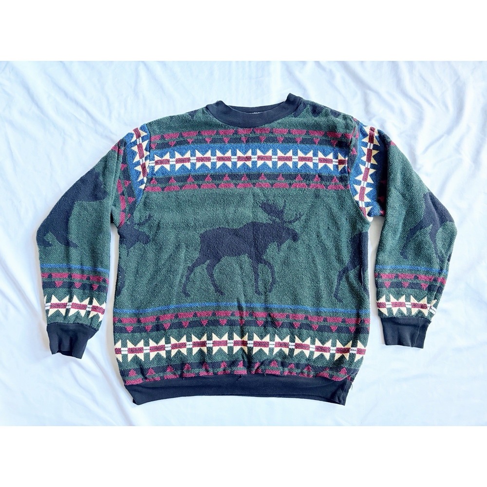 Sugar Street Weavers Pullover Sweater Mens L Moose Crewneck 90s Cotton